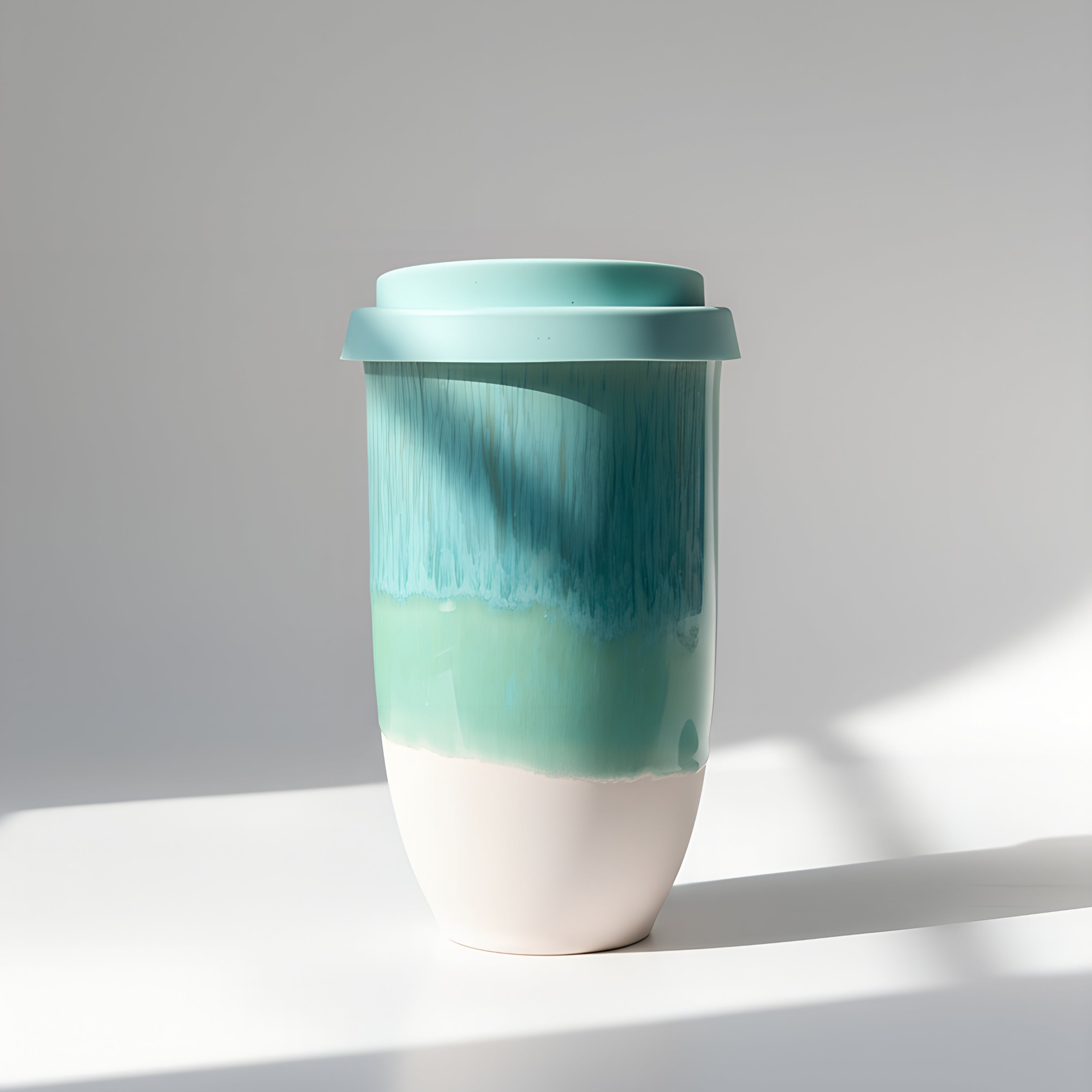 Bridgetown Grande ceramic travel cup in mint green and white, 12oz, with silicone lid
