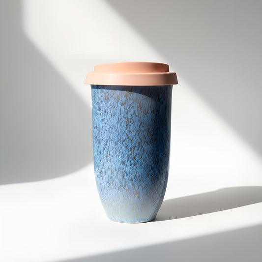 Capri Grande ceramic travel cup in light blue, 12oz, with silicone lid