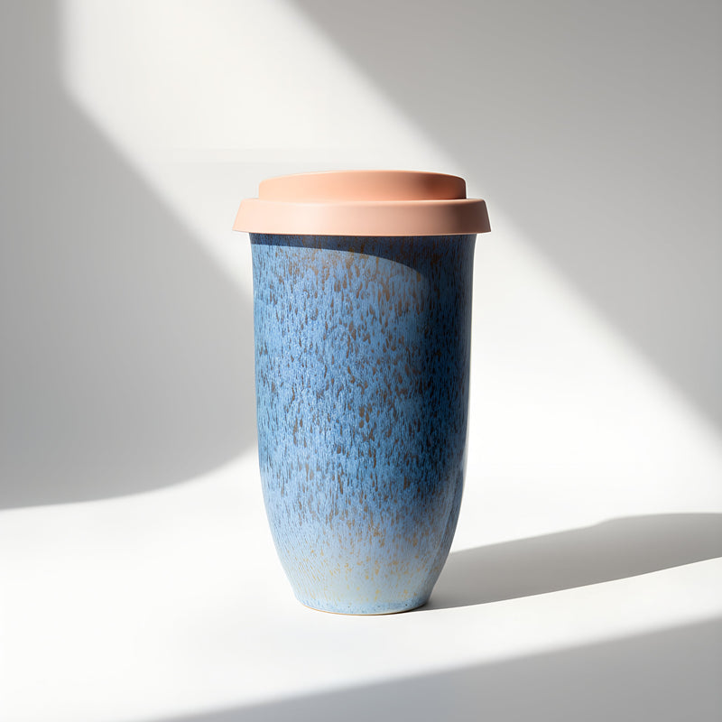 Capri Grande ceramic travel cup in light blue, 12oz, with silicone lid
