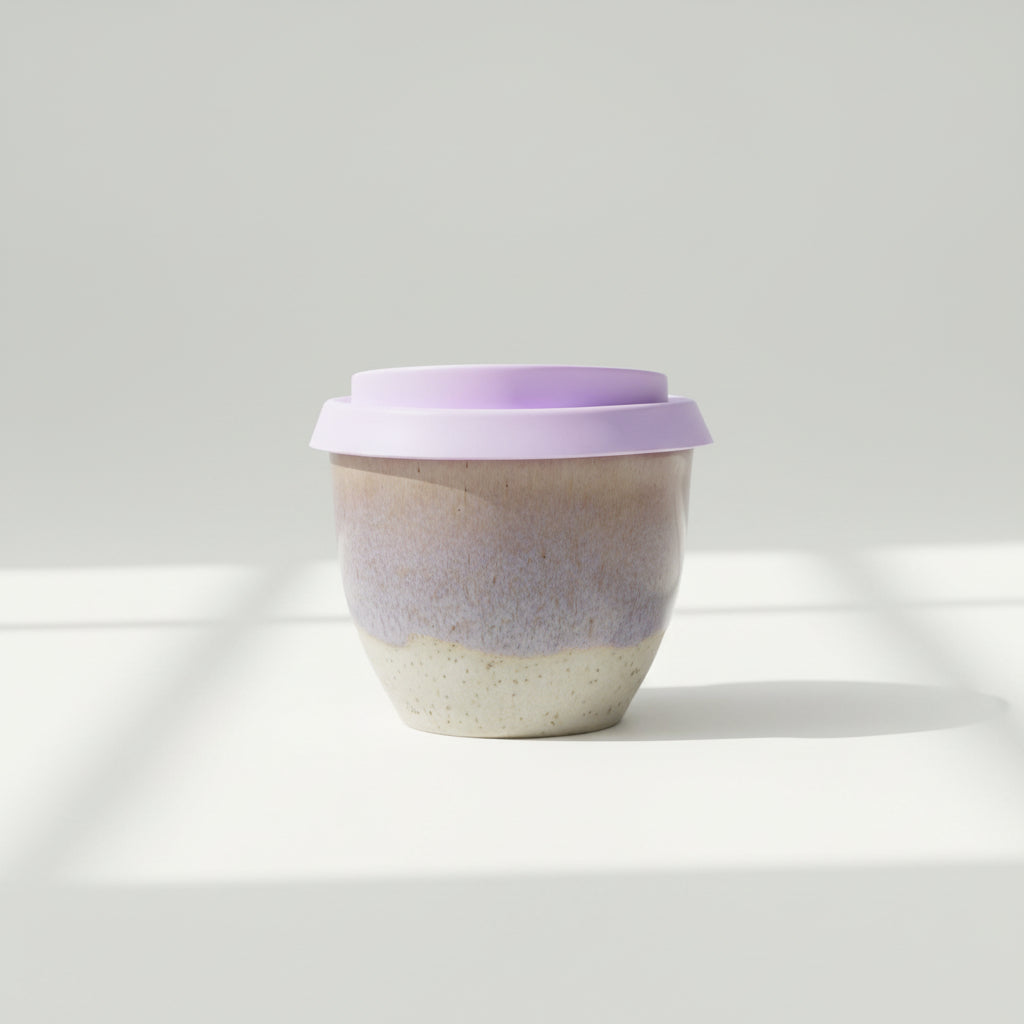 Deia Primo ceramic travel cup in lavender and white, 6oz, with silicone lid