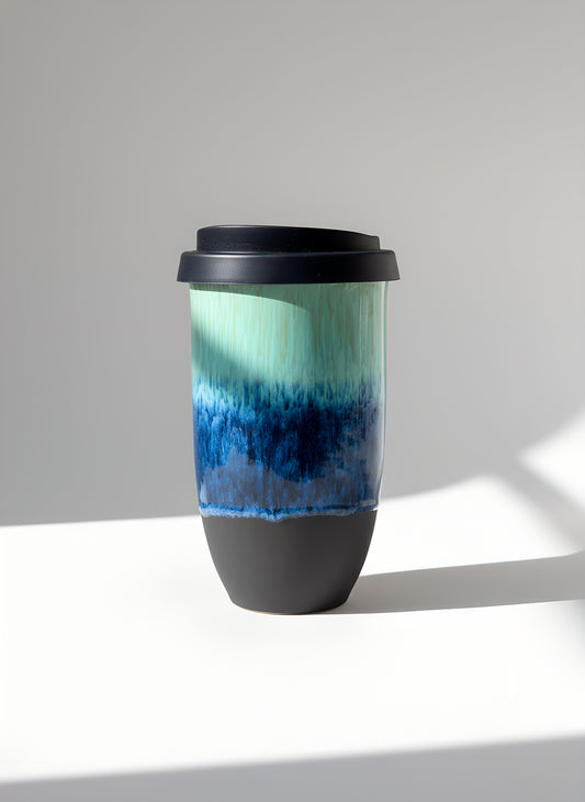 Lisboa Grande ceramic travel cup in teal and blue, 12oz, with silicone lid
