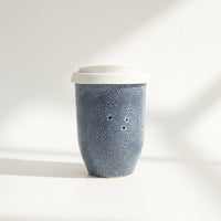 Santorini Classic ceramic travel cup in speckled light blue, 8oz, with silicone lid
