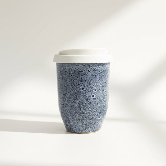 Santorini Classic ceramic travel cup in speckled light blue, 8oz, with silicone lid
