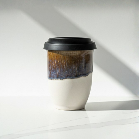 Woodbridge Classic ceramic travel cup in warm brown, 8oz, with silicone lid
